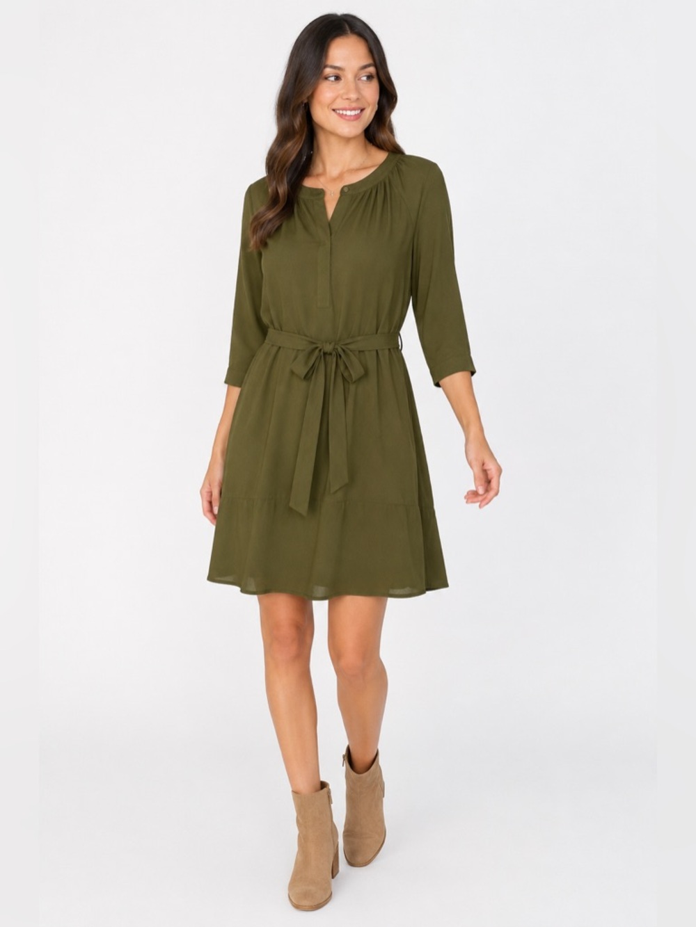 GLAM Olive Green Tie-Waist Shift Dress | Effortless Luxe Midi Tunic Dress